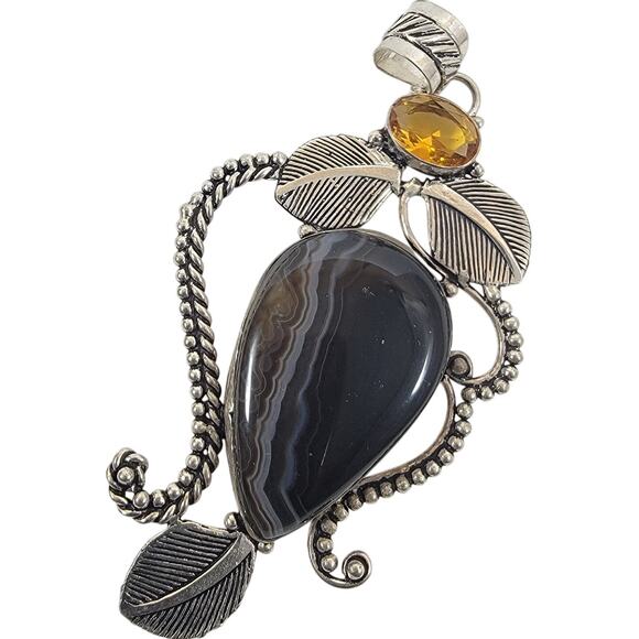Handmade Silver Pendant with Black Banded Agate & Citrine in Leaf Motif Setting - Picture 1 of 9